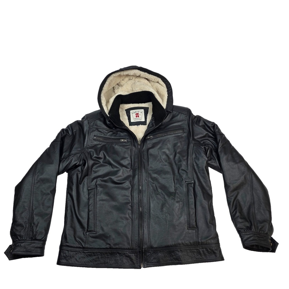 Fabio's 100% Bovine‎ Leather Hooded Leather Jacket with Fleece Lining Size 44